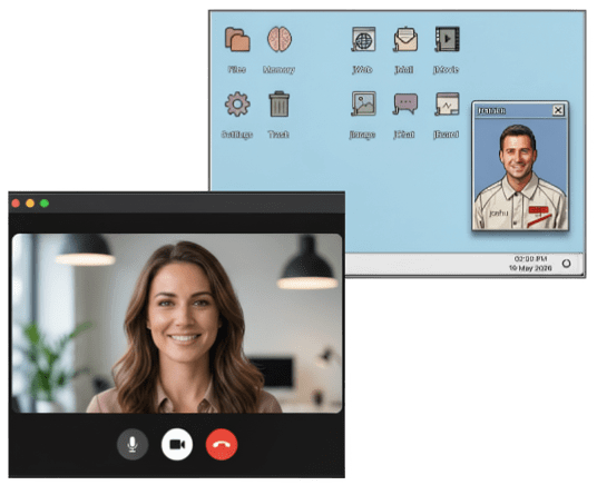 A video call with Joshu's desktop shared on screen