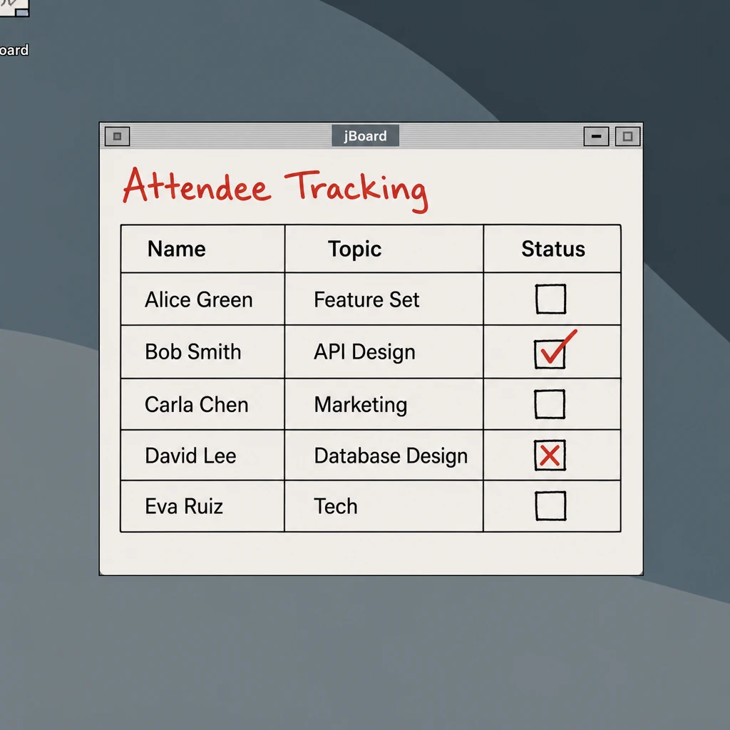 Joshu's whiteboard: an attendee tracking table with names, topics, and checkboxes